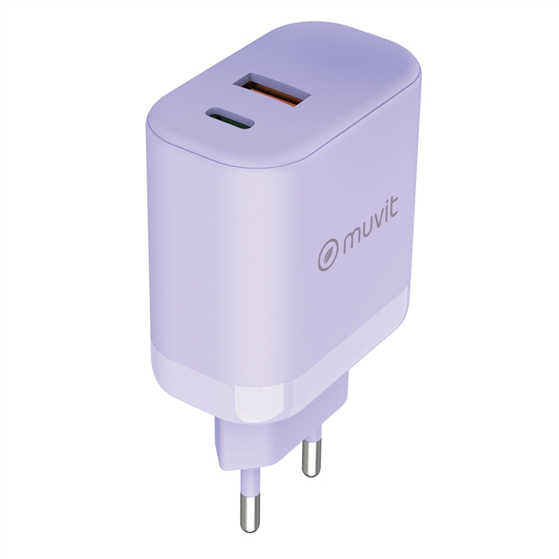 muvit for change cargador de pared GaN USB-A 36W + Tipo C PD45W lavanda