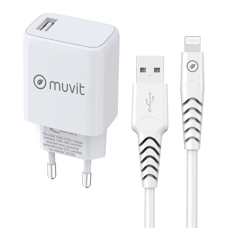 muvit for change pack cargador de pared USB 2.4A 15W + cable lightning MFI 2.4A 1,2m blanco