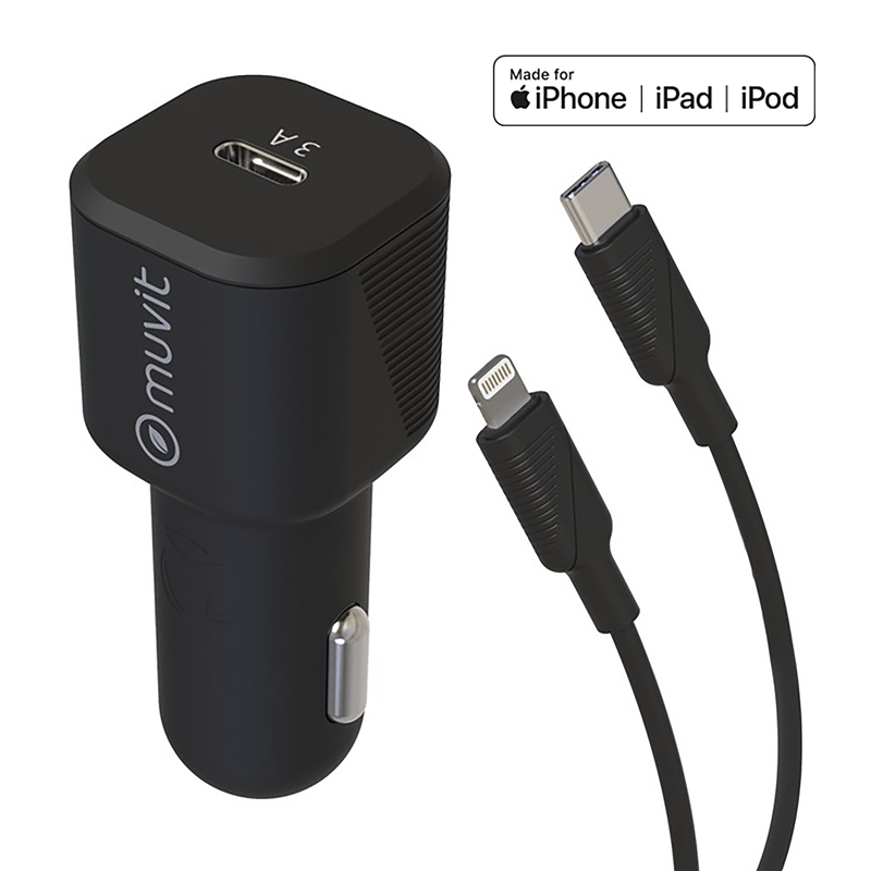 muvit for change pack cargador coche Tipo C PD 20W + cable tipo C a lightning MFI 3A 1m negro