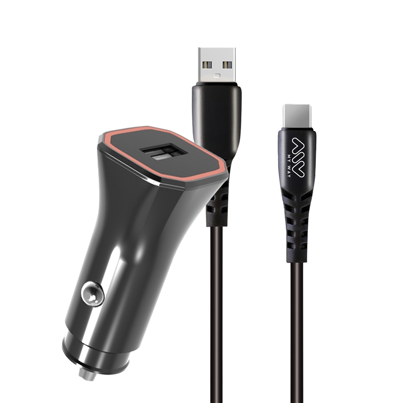myway pack cargador coche USB-A 3,4A/17W + cable USB-A a Tipo C 3A 1,2m negro