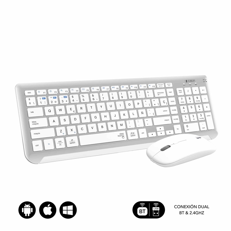 Subblim Combo teclado dual prestige extendido + ratón silencioso inalámbrico 2,4G + bluetooth plata/blanco