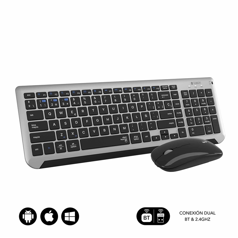 Subblim Combo teclado dual prestige extendido + ratón silencioso inalámbrico 2,4G + bluetooth gris/negro